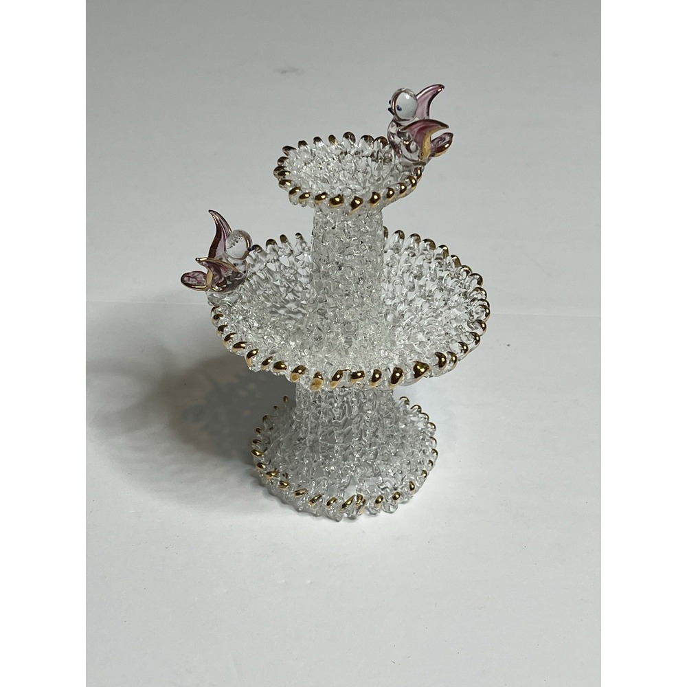 Glass Baron Crystal Glass Two Tier Birdbath 22k Gold Trim Pink Accent Birds